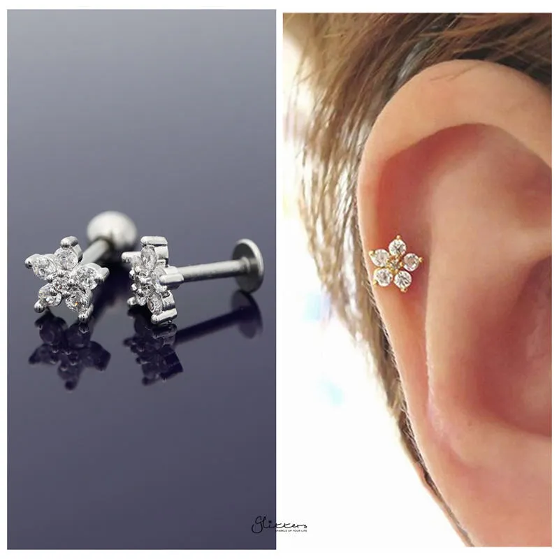 CZ Flower Cartilage Tragus Piercing Earring - Silver