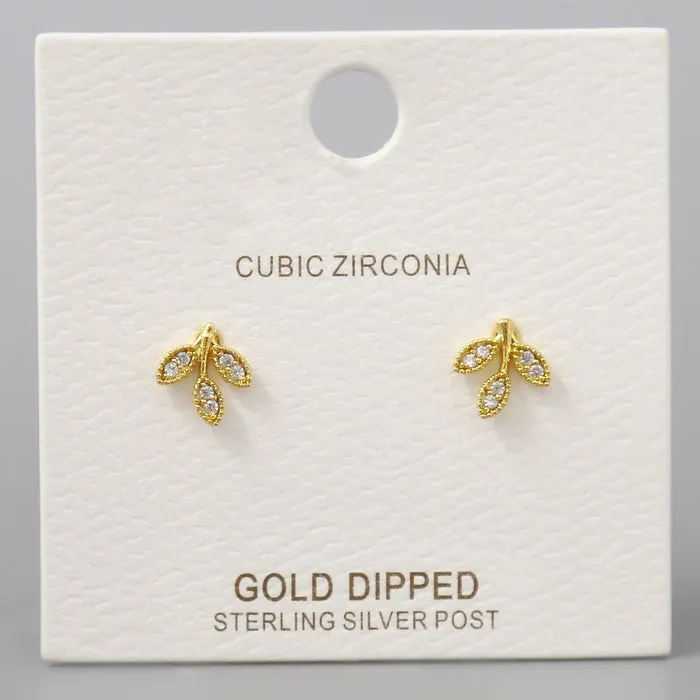 CZ Pave Leaf Shape Gold Dipped Stud Earrings