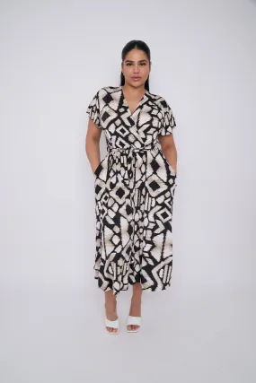 Dani Faux Wrap Dress in Black Aztec Print