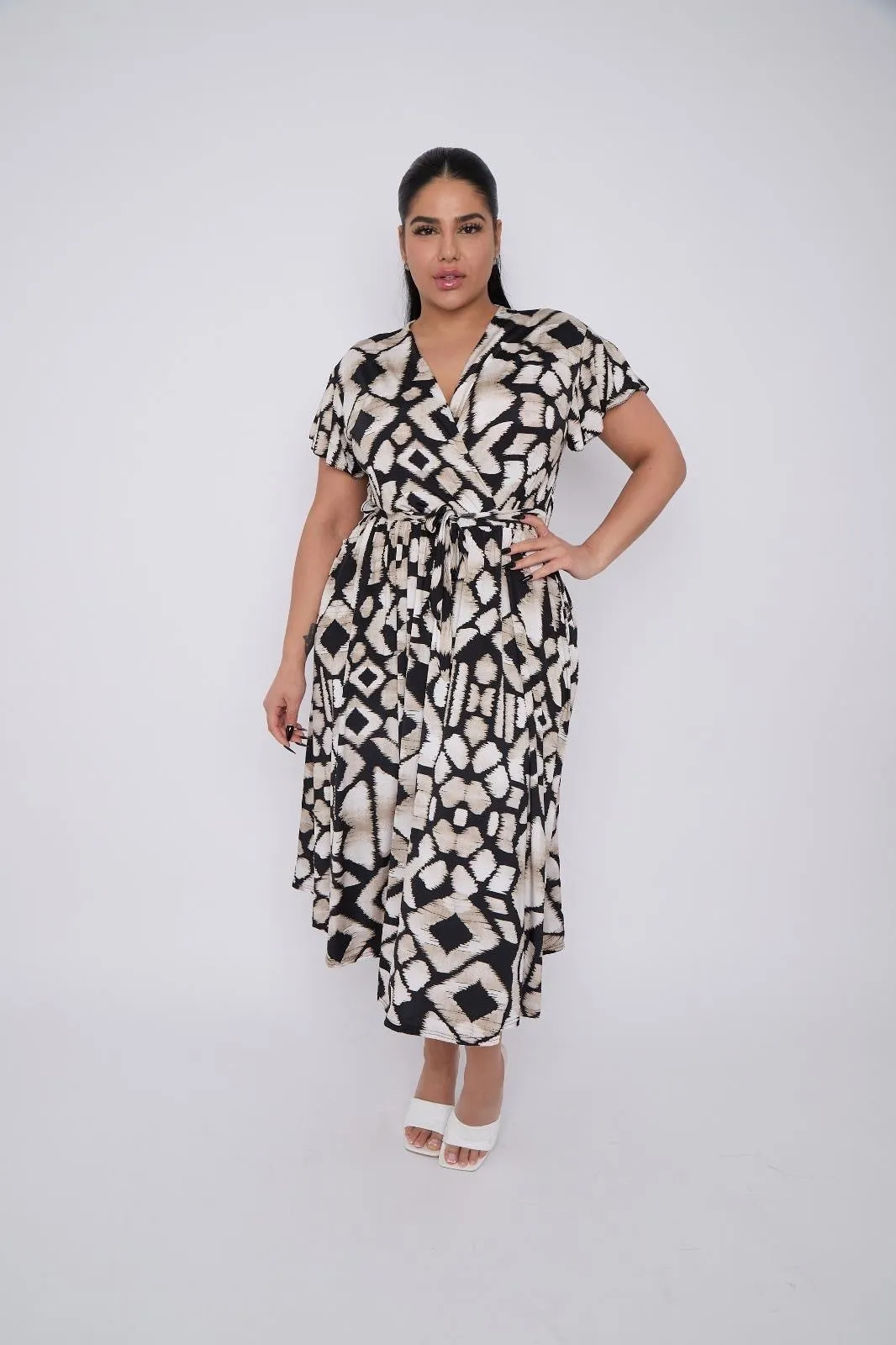 Dani Faux Wrap Dress in Black Aztec Print