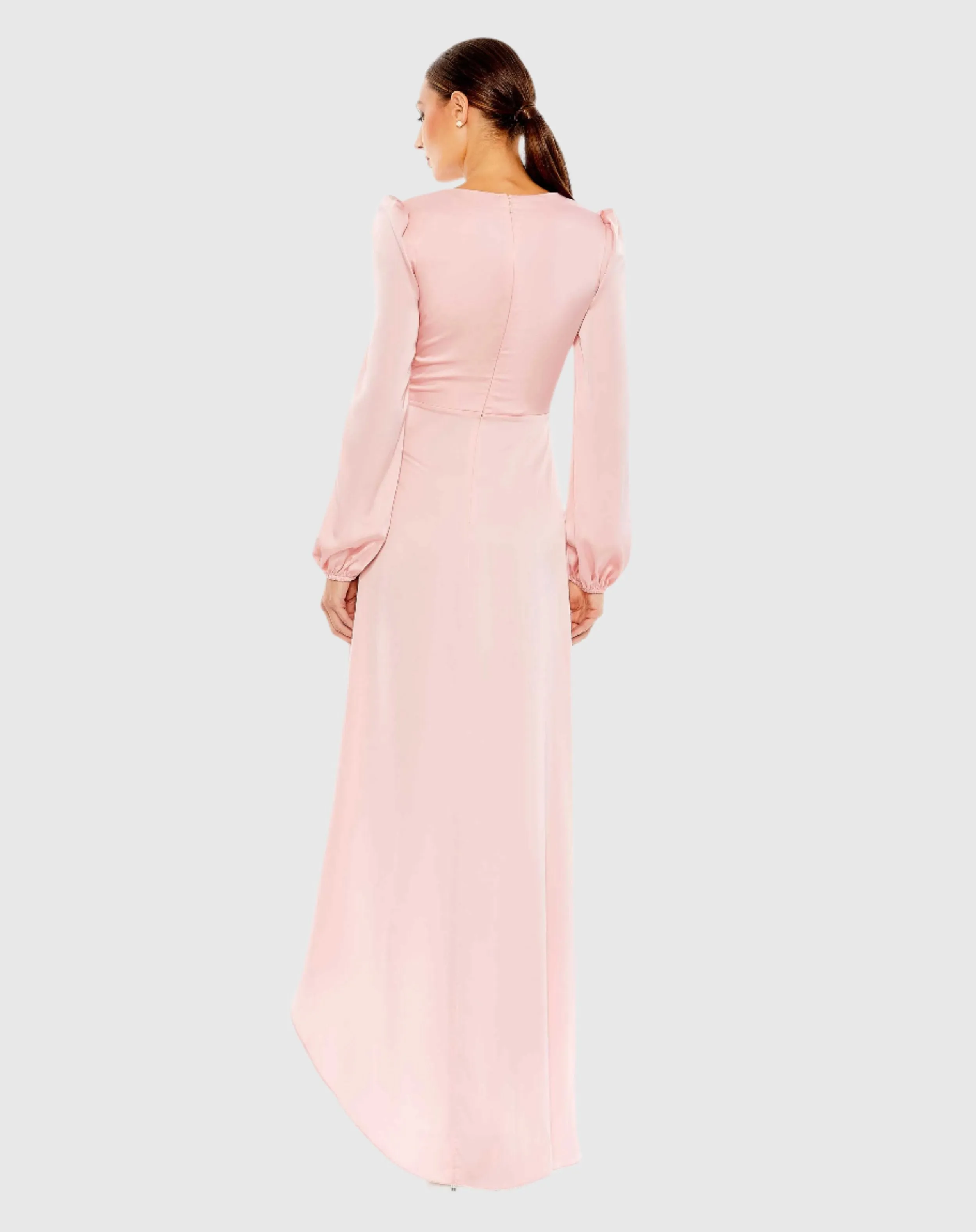 Draped Faux Wrap Puff Long Sleeve Gown