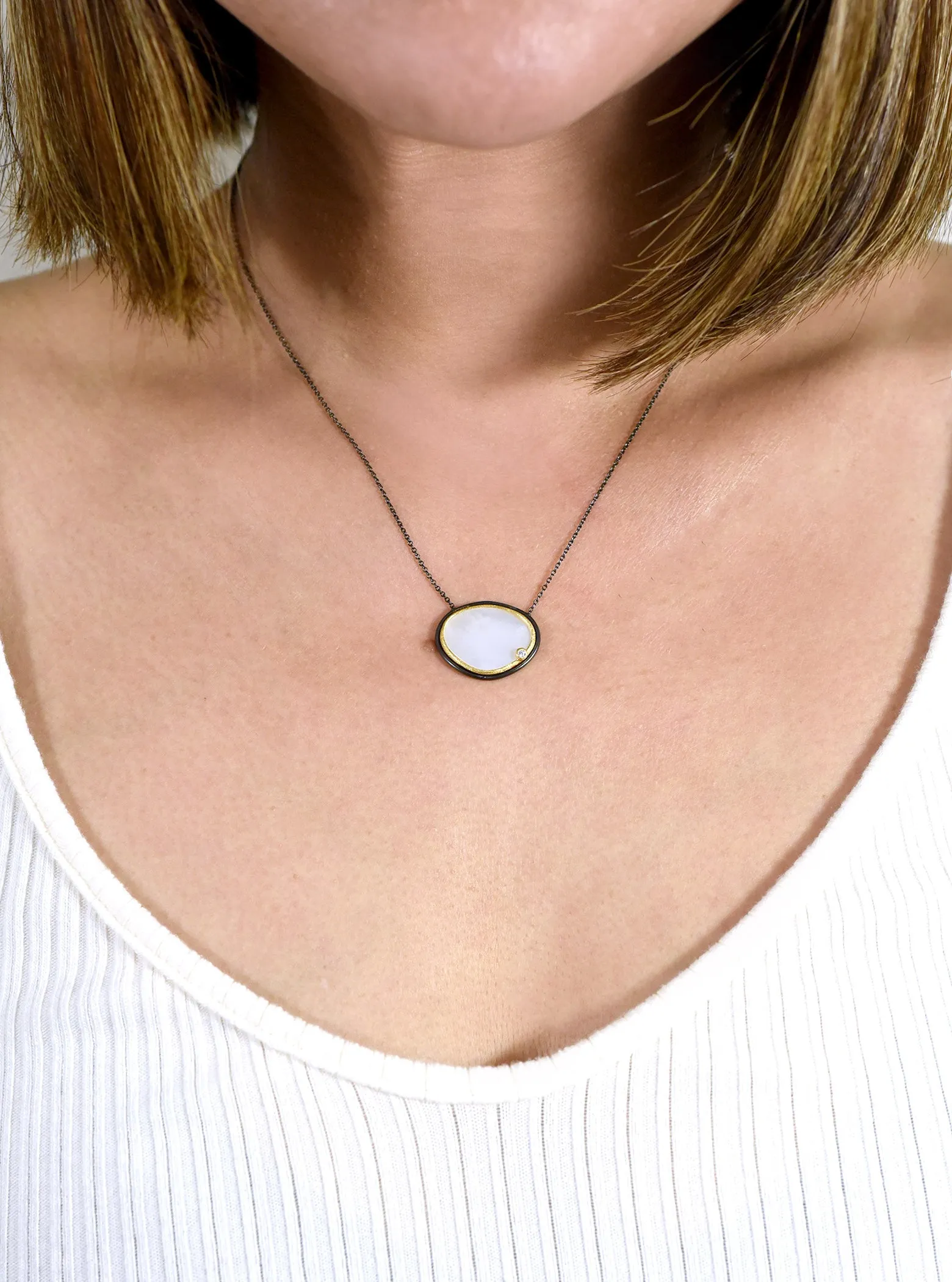 Egg Shape Mother of Pearl with CZ Necklace