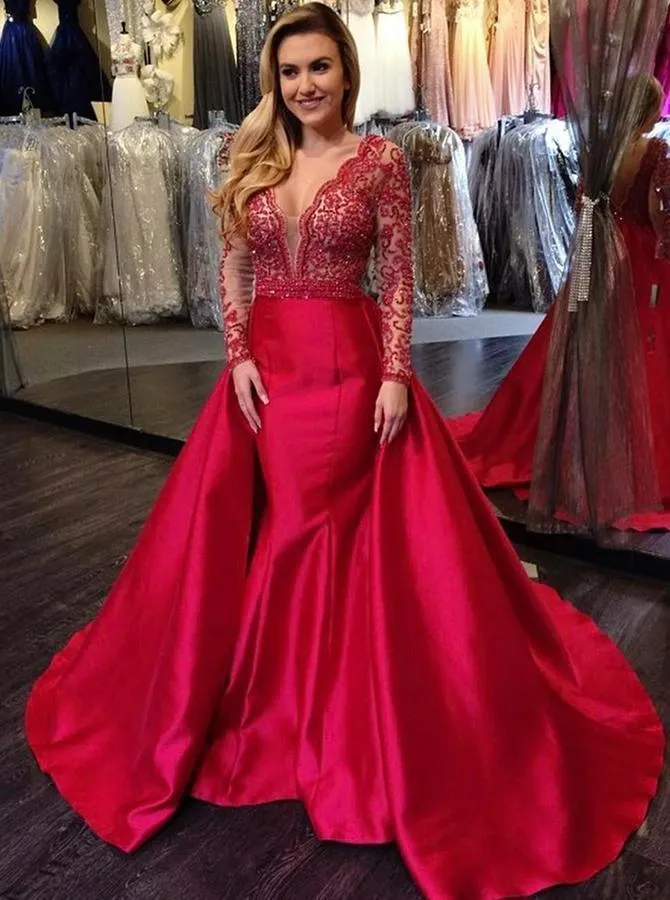 Elegant Mermaid Long Red Long Sleeve Beading V Neck Lace Satin Backless Prom Dresses