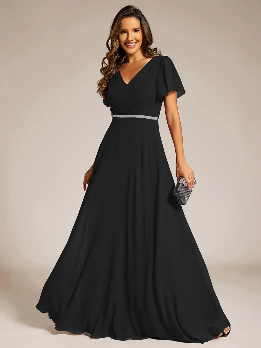 Elegant Midi Length Ruffles Sleeves Chiffon Dresses Empire Waist Evening Dresses with Belt