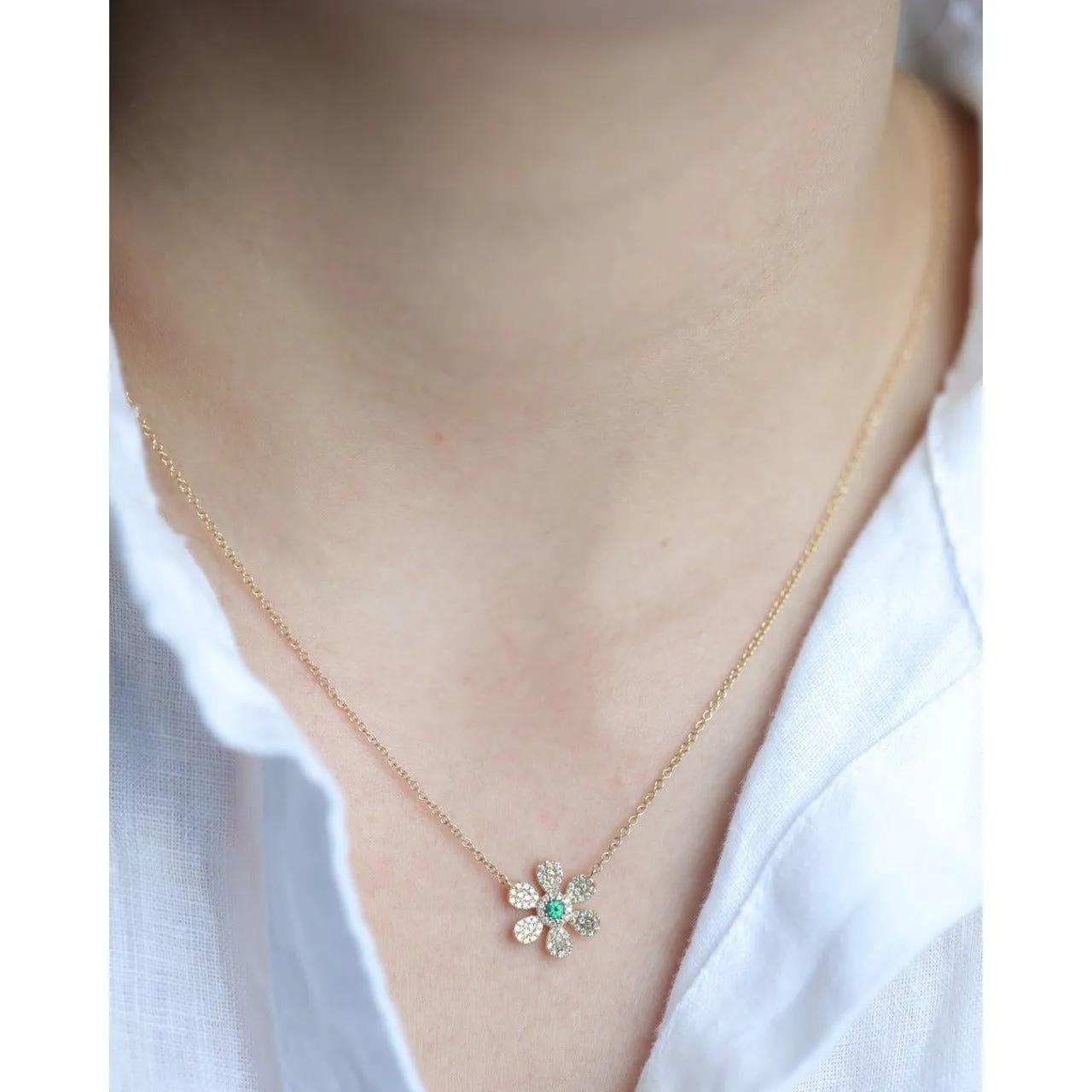 Emerald and Diamond Pavé Flower Pendant Necklace