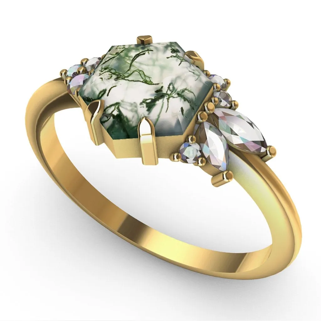 Everly Hexagon Moss Agate Ring With Accent Stones