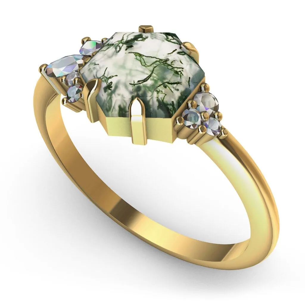 Everly Hexagon Moss Agate Ring With Accent Stones