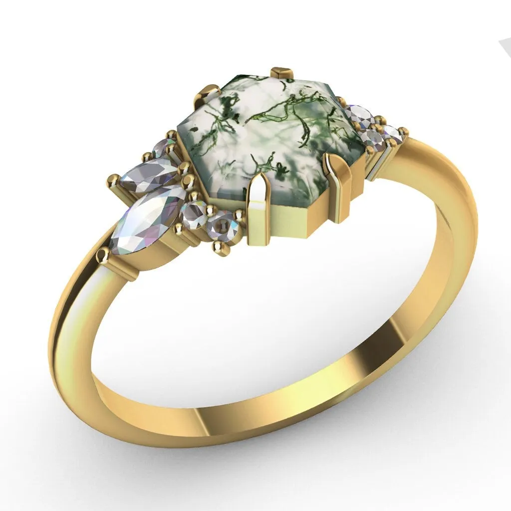 Everly Hexagon Moss Agate Ring With Accent Stones