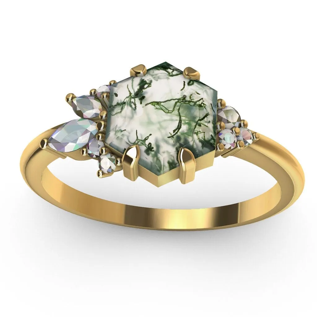 Everly Hexagon Moss Agate Ring With Accent Stones