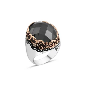 Facet Cut Black Ellipse Zircon Stone Silver Men's Ring with Wavy Top Pattern Around