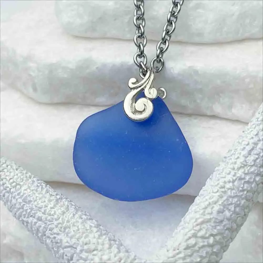 Fan of Cornflower Blue Sea Glass Pendant with Sterling Silver Ocean Waves Bail | #1708