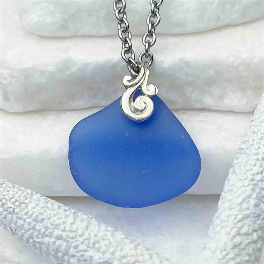 Fan of Cornflower Blue Sea Glass Pendant with Sterling Silver Ocean Waves Bail | #1708