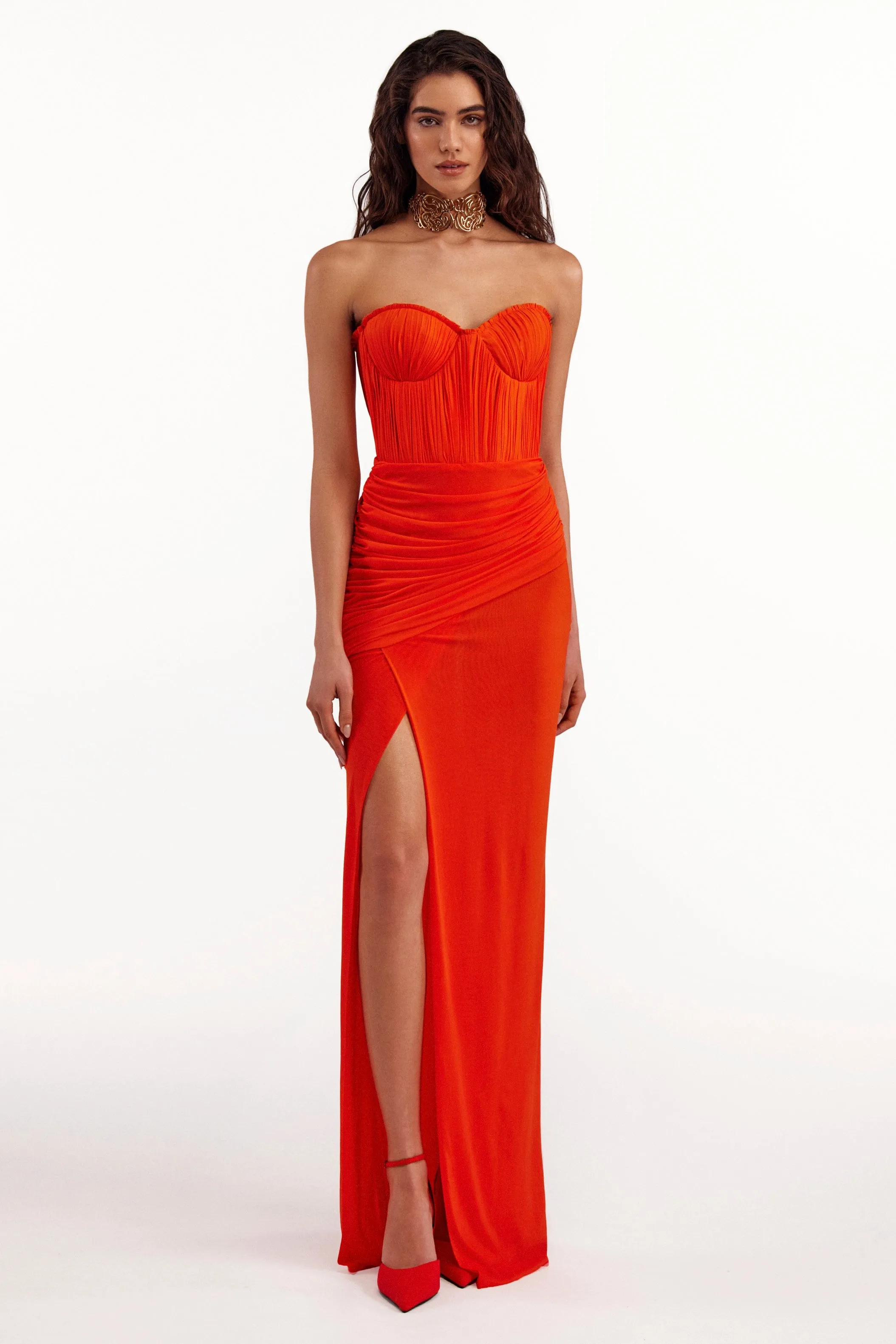 Flamboyant coral bustier maxi dress