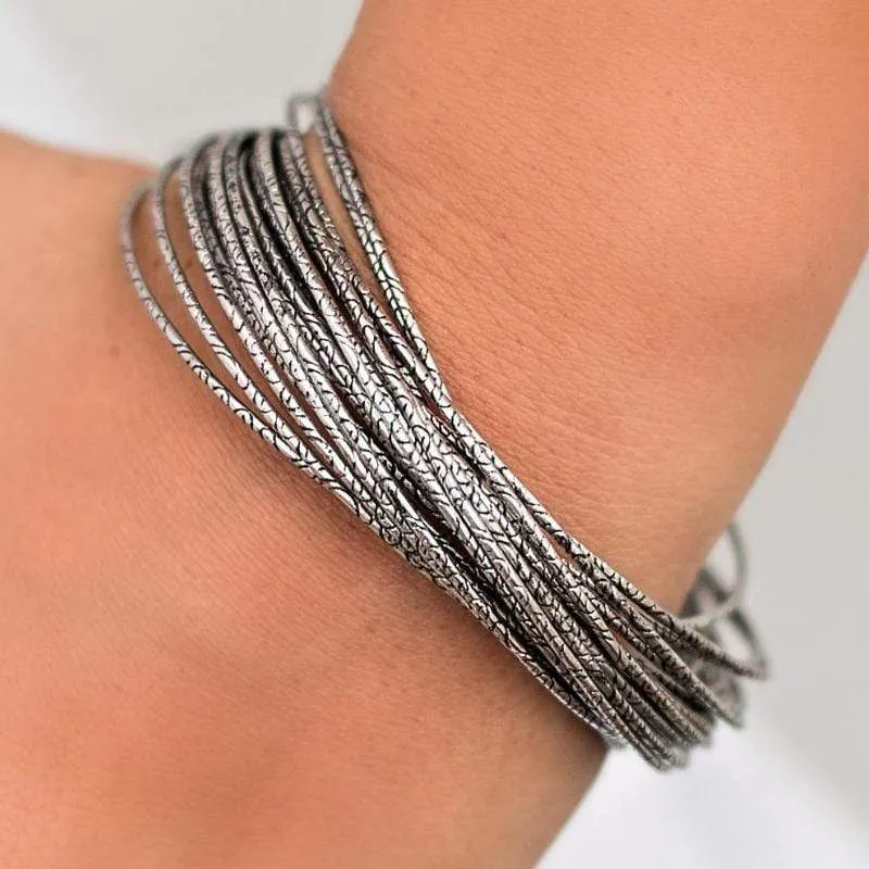 Flash Bang Silver Bangle-Look Gunmetal Silver Bracelet Set