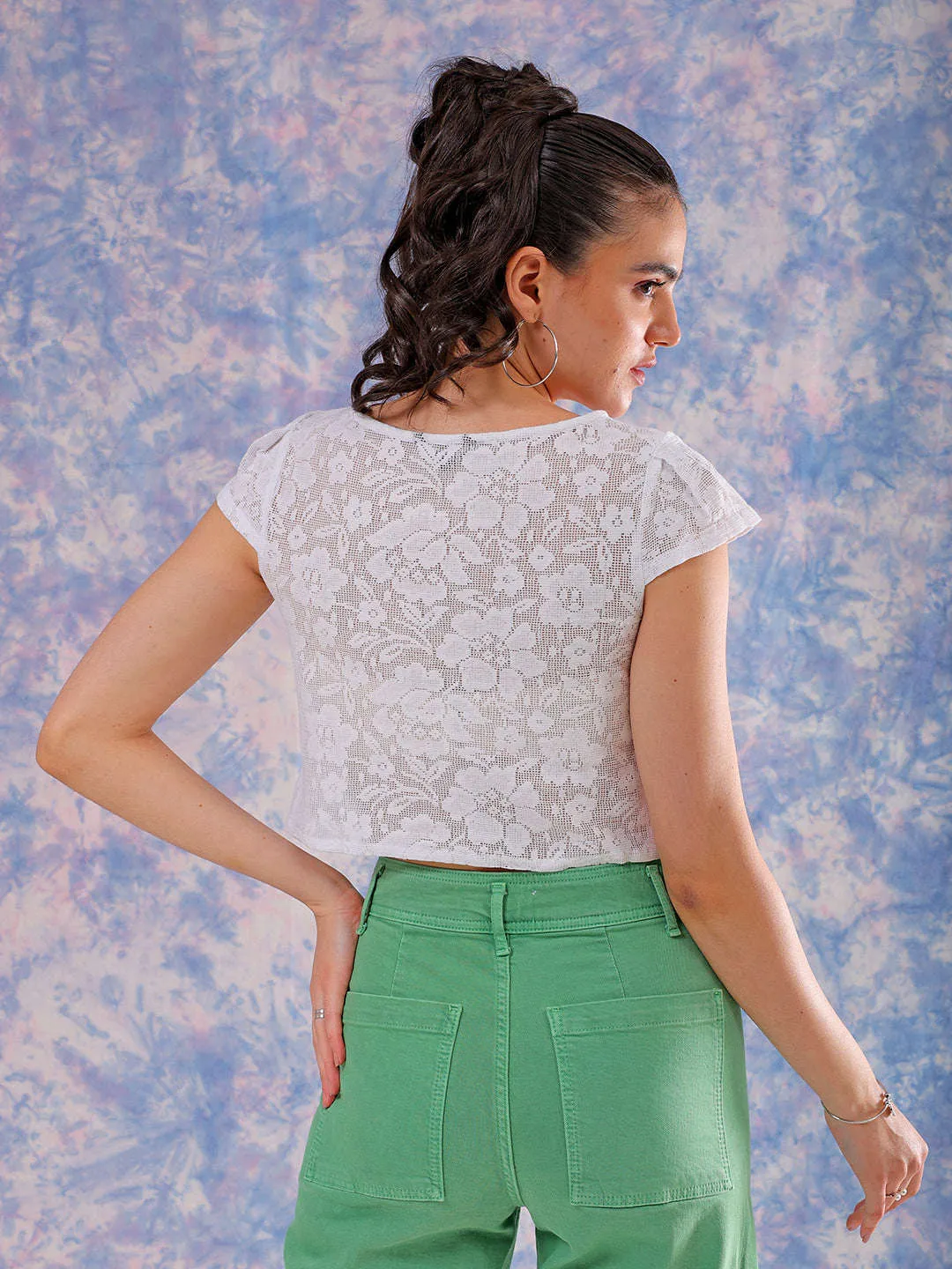 Freehand Women White Regular Lace Round Neck Regular Top