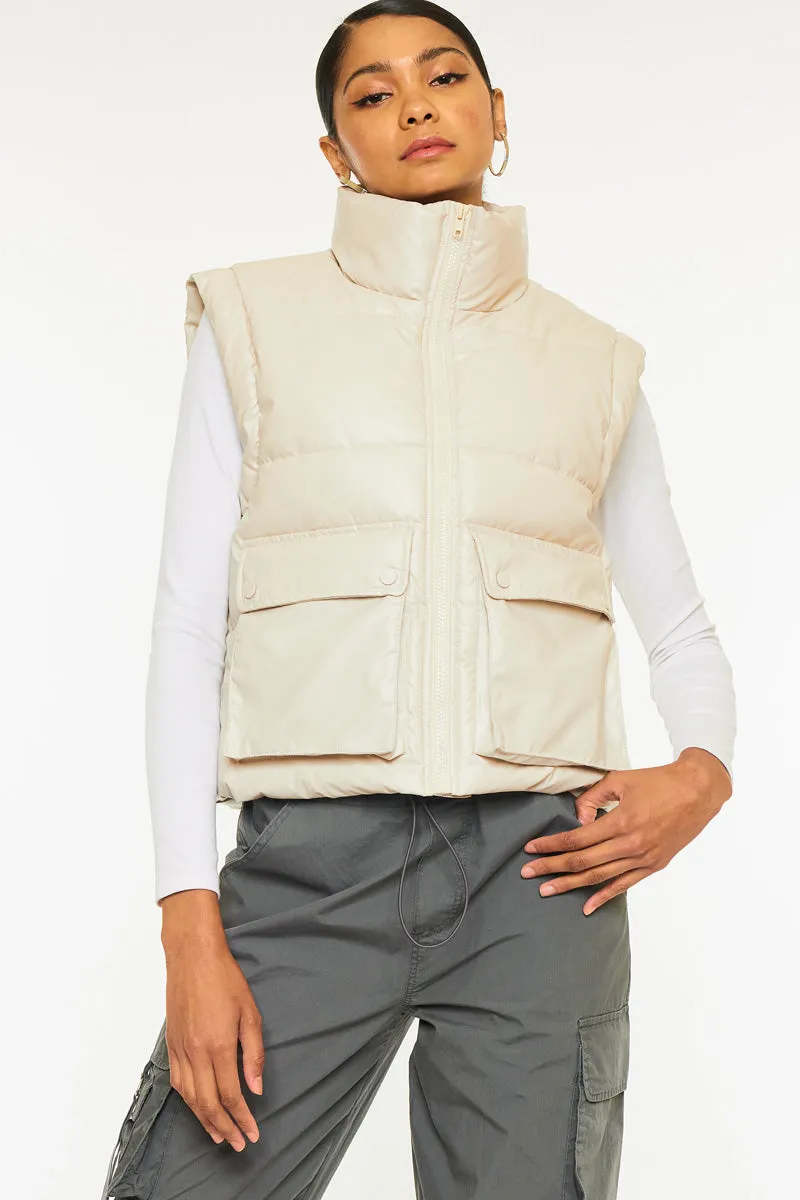 Frida Cropped Faux Leather Puffer Vest