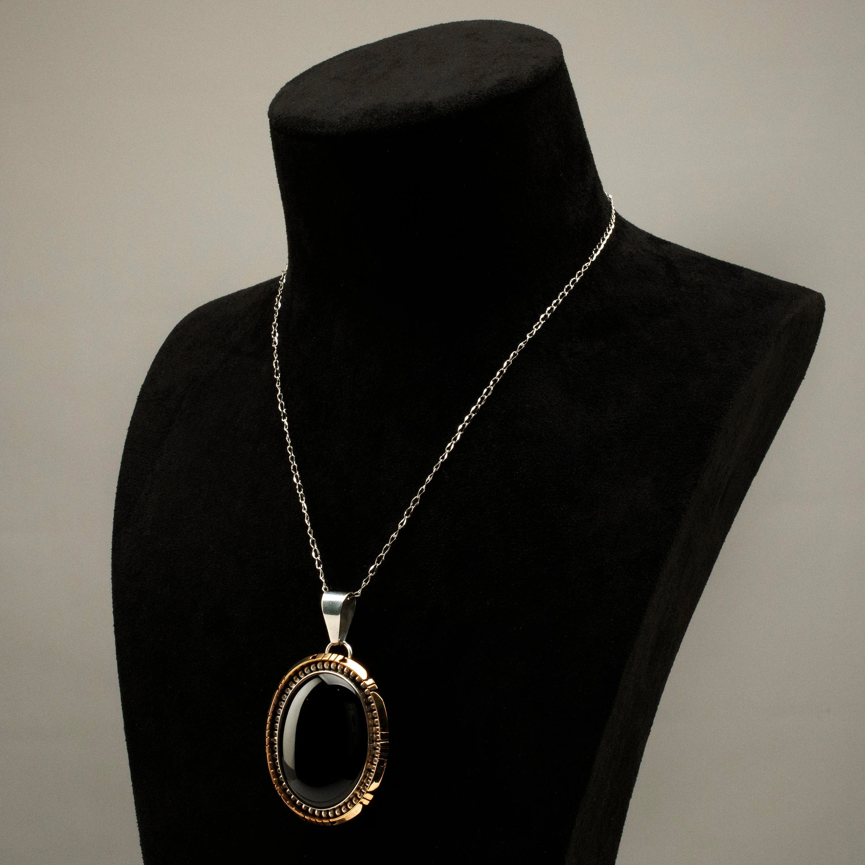 Gary Spencer Black Onyx Navajo USA Native American Made 925 Sterling Silver & 12K Gold Filled Pendant