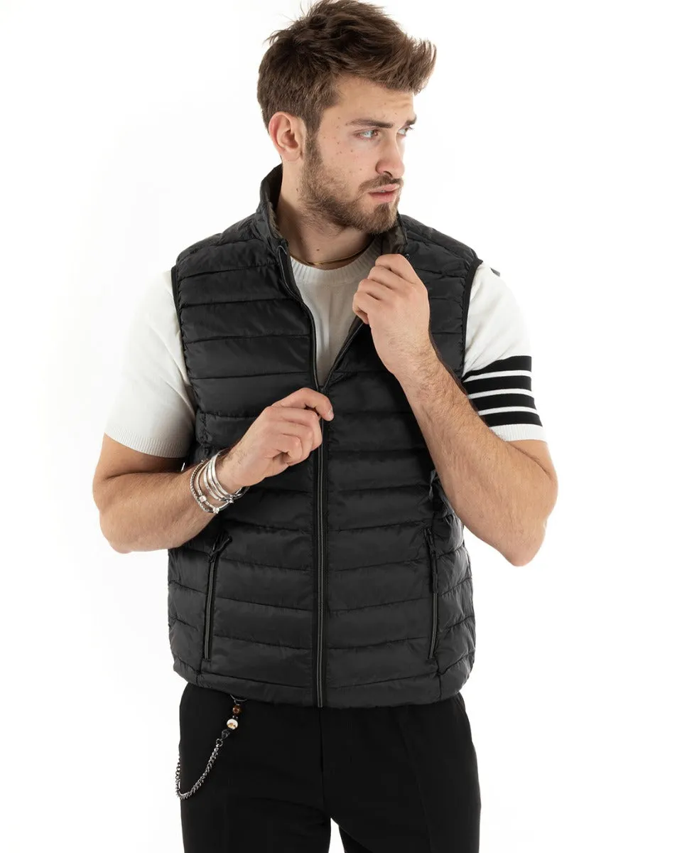 Gilet Uomo Giubbotto Giromanica Piumino Tinta Unita Nero Casual Basic GIOSAL-G3034A