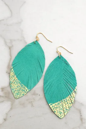 Gold dipped leather turquoise leaf earrings