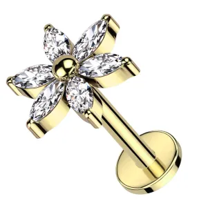 Gold PVD Senary Flower Clear CZ Internally Threaded Titanium Labret