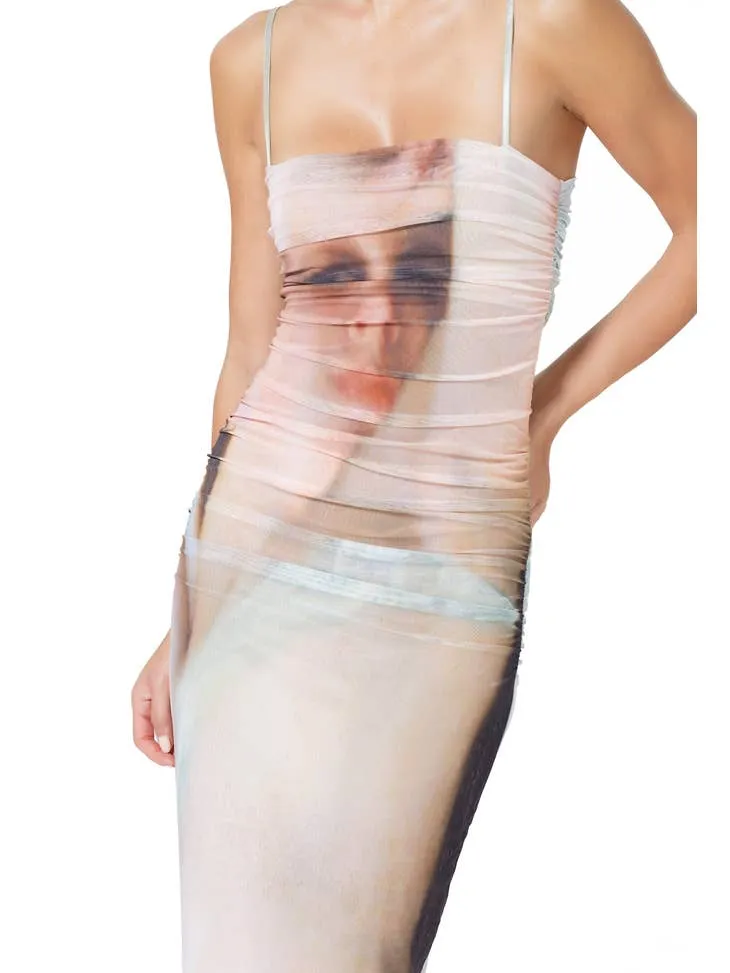 Jennan Ruched Photoprint Mesh Maxi Dress - Nude Portrait