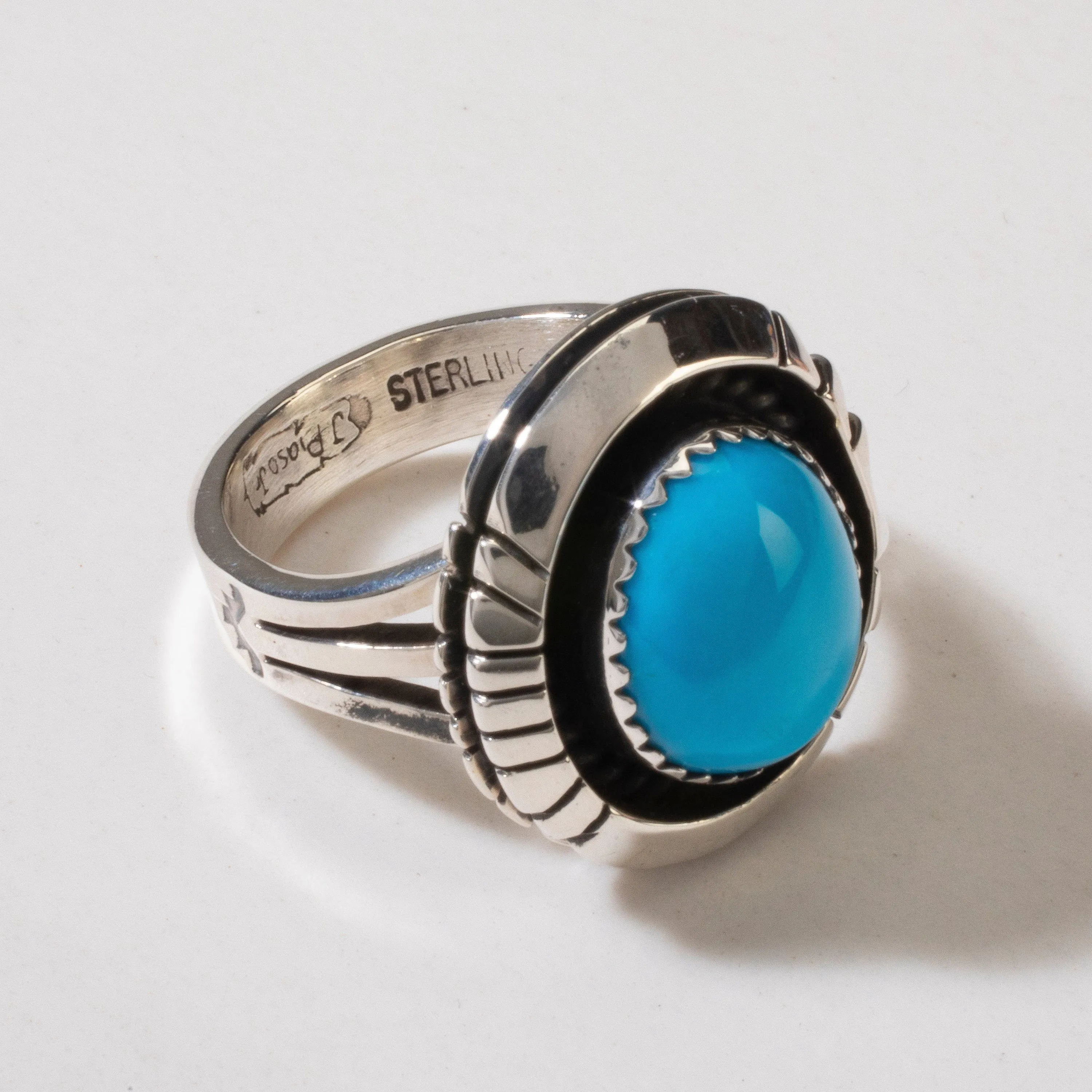 Joe Piaso Jr. Sleeping Beauty Turquoise Round Navajo USA Native American Made 925 Sterling Silver Ring