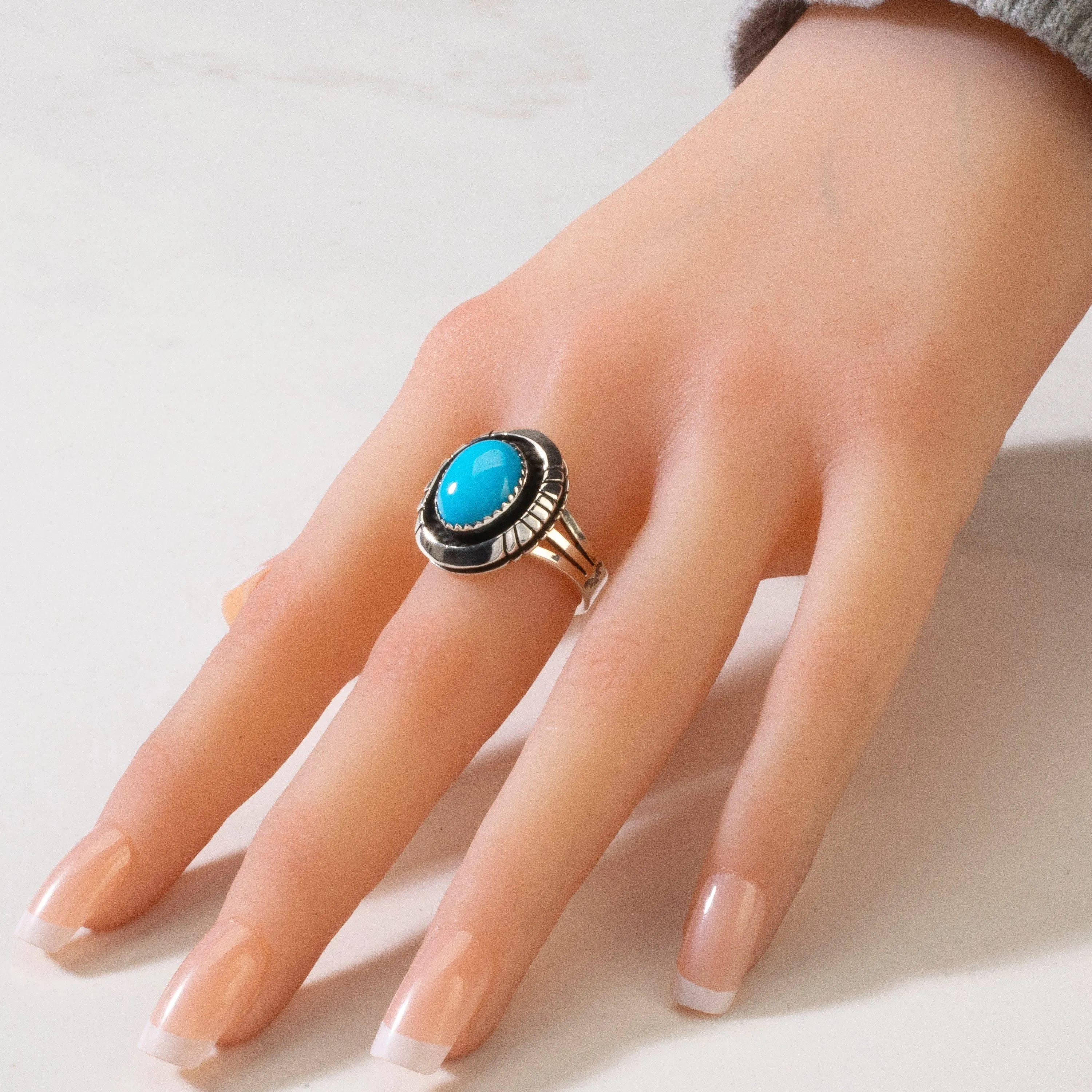 Joe Piaso Jr. Sleeping Beauty Turquoise Round Navajo USA Native American Made 925 Sterling Silver Ring