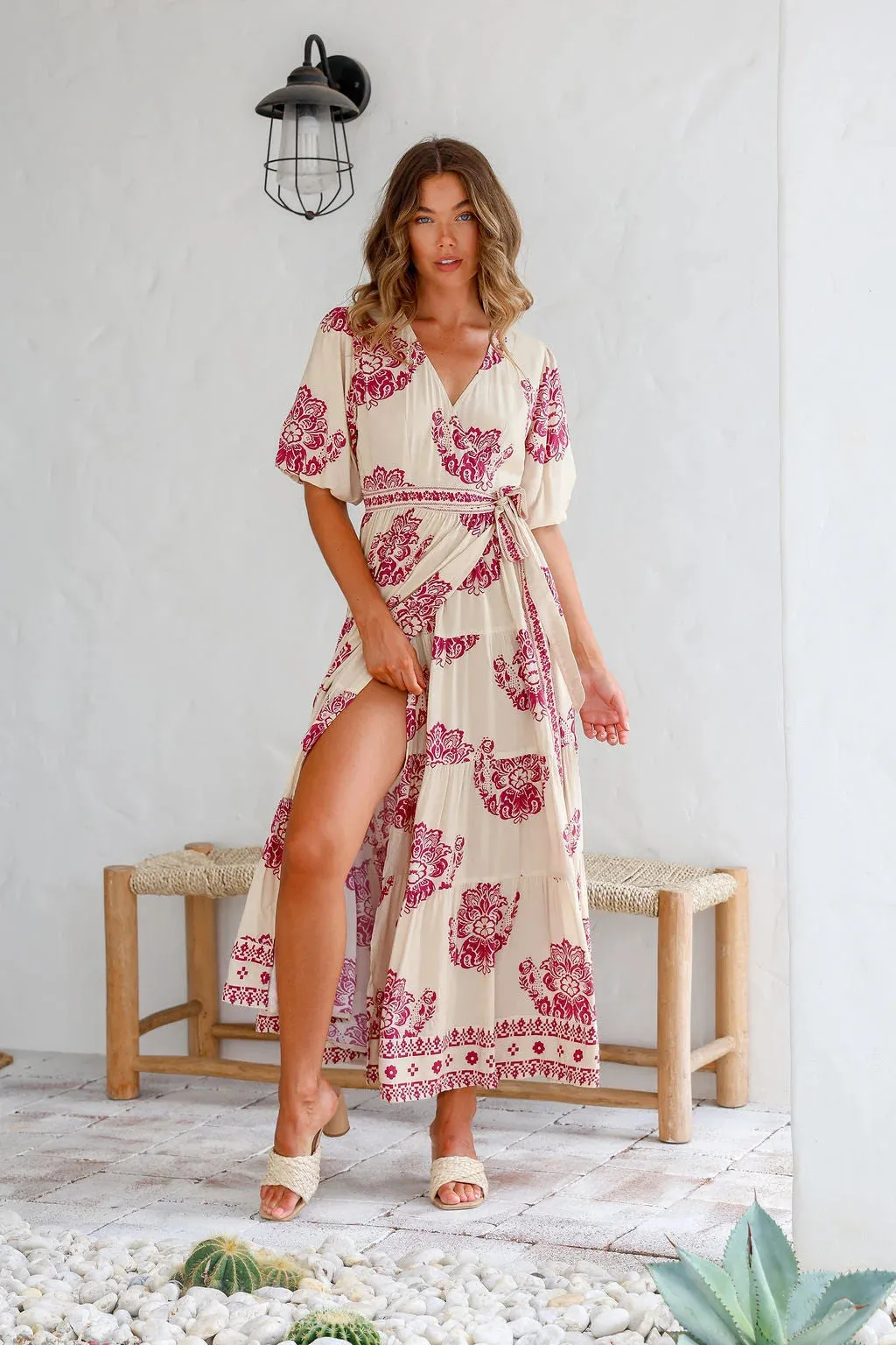 Joop & Gypsy Wrap Maxi Dress - Latte / Burgundy