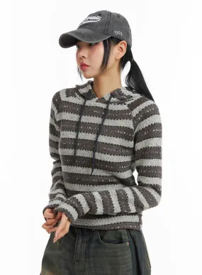 Knit Stripe Drawstring Long Sleeve Hoodie CJ411