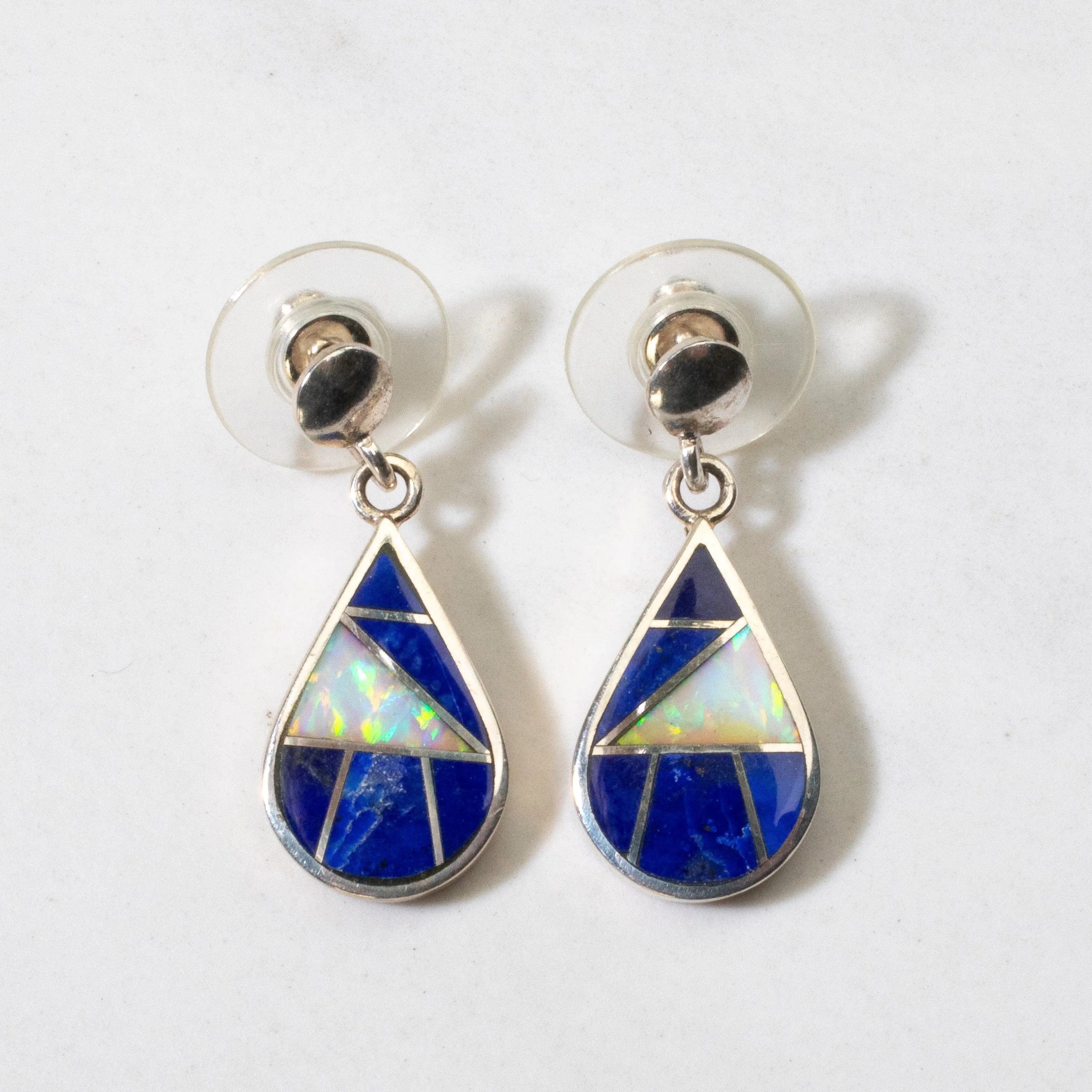 Lapis & Opal Teardrop Navajo USA Native American Made 925 Sterling Silver Earrings with Stud Backing