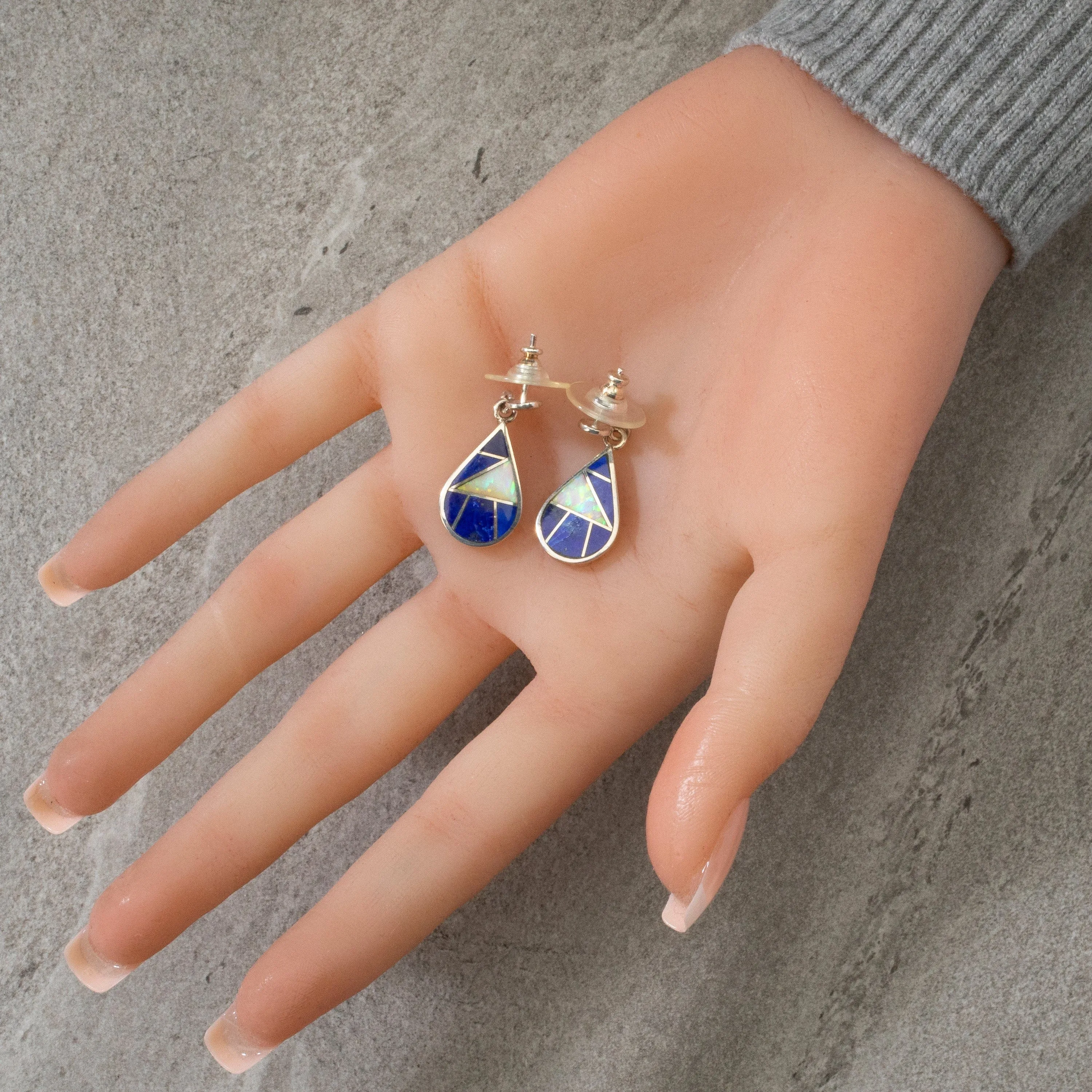 Lapis & Opal Teardrop Navajo USA Native American Made 925 Sterling Silver Earrings with Stud Backing