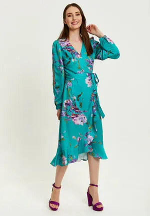 Liquorish Green Floral Print Midi Wrap Dress