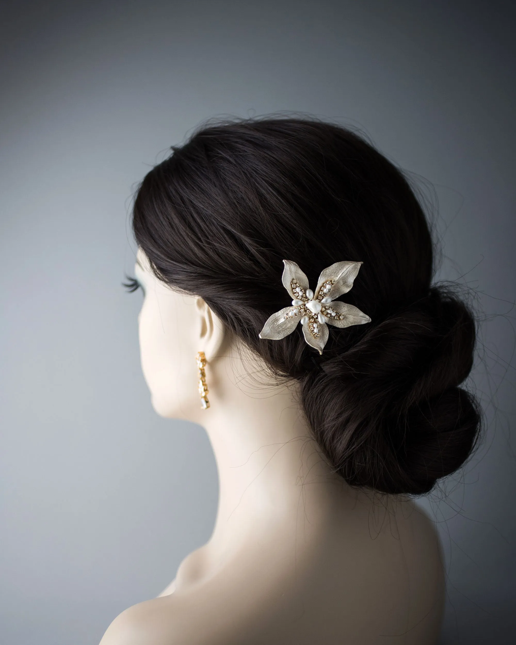 Matte Gold Wedding Hair Flower with Pearls