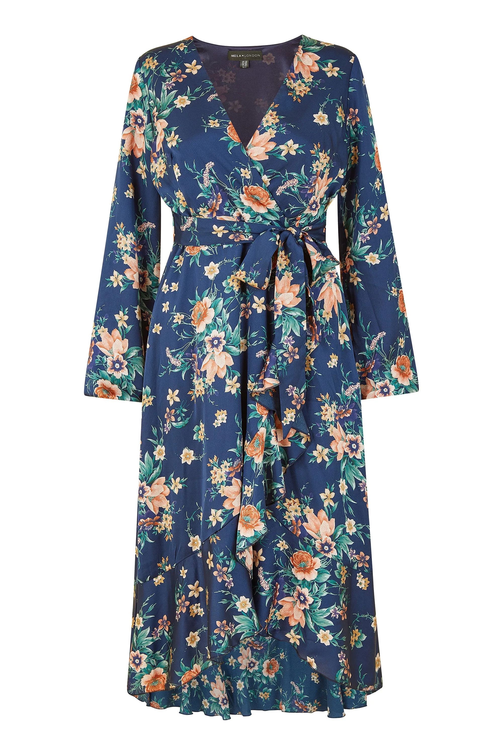 Mela London Navy Long Sleeve Floral Print Satin Wrap Dress