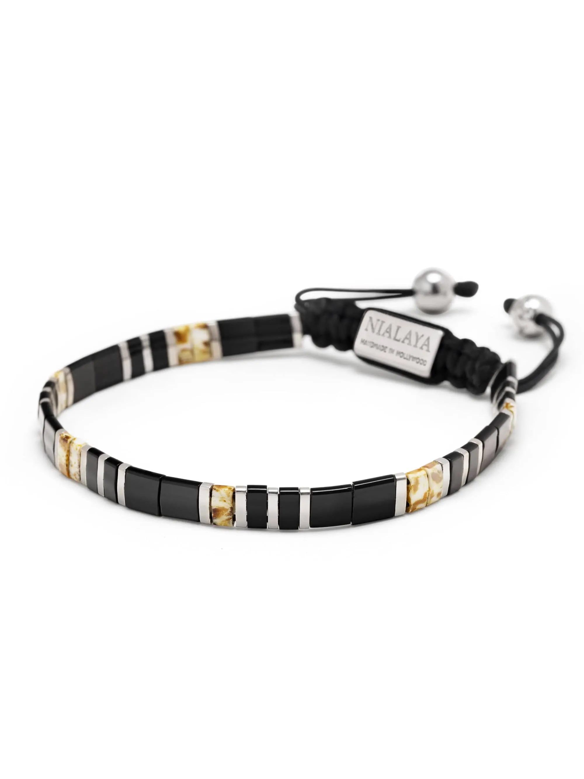 Men's Bracelet with Black, White Marbled and Silver Miyuki Tila Beads