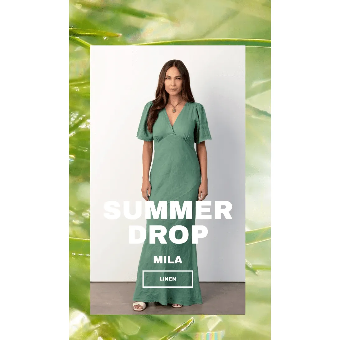 Mila Los Angeles Brooklyn Linen Bias V-Neck Dress in Green & Black