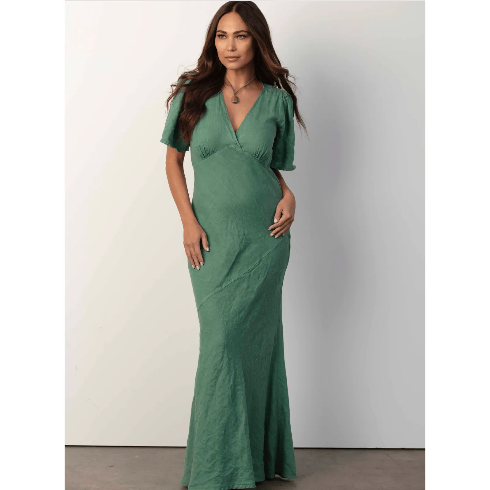 Mila Los Angeles Brooklyn Linen Bias V-Neck Dress in Green & Black