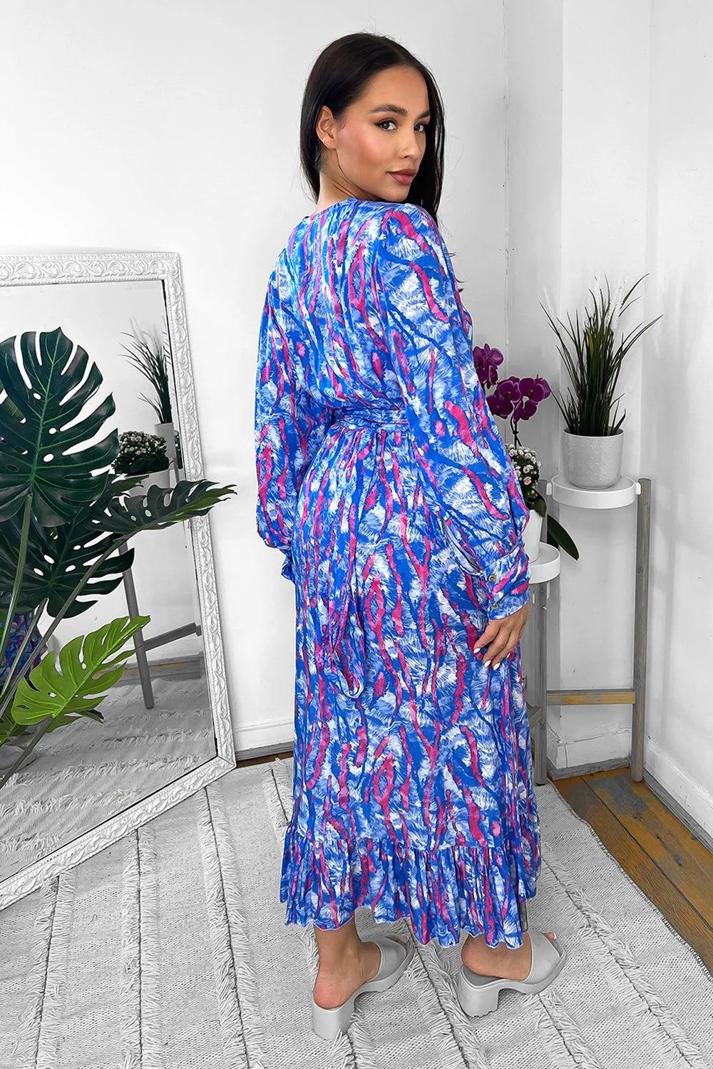 Mixed Abstract Print Wrap Over Midi Dress