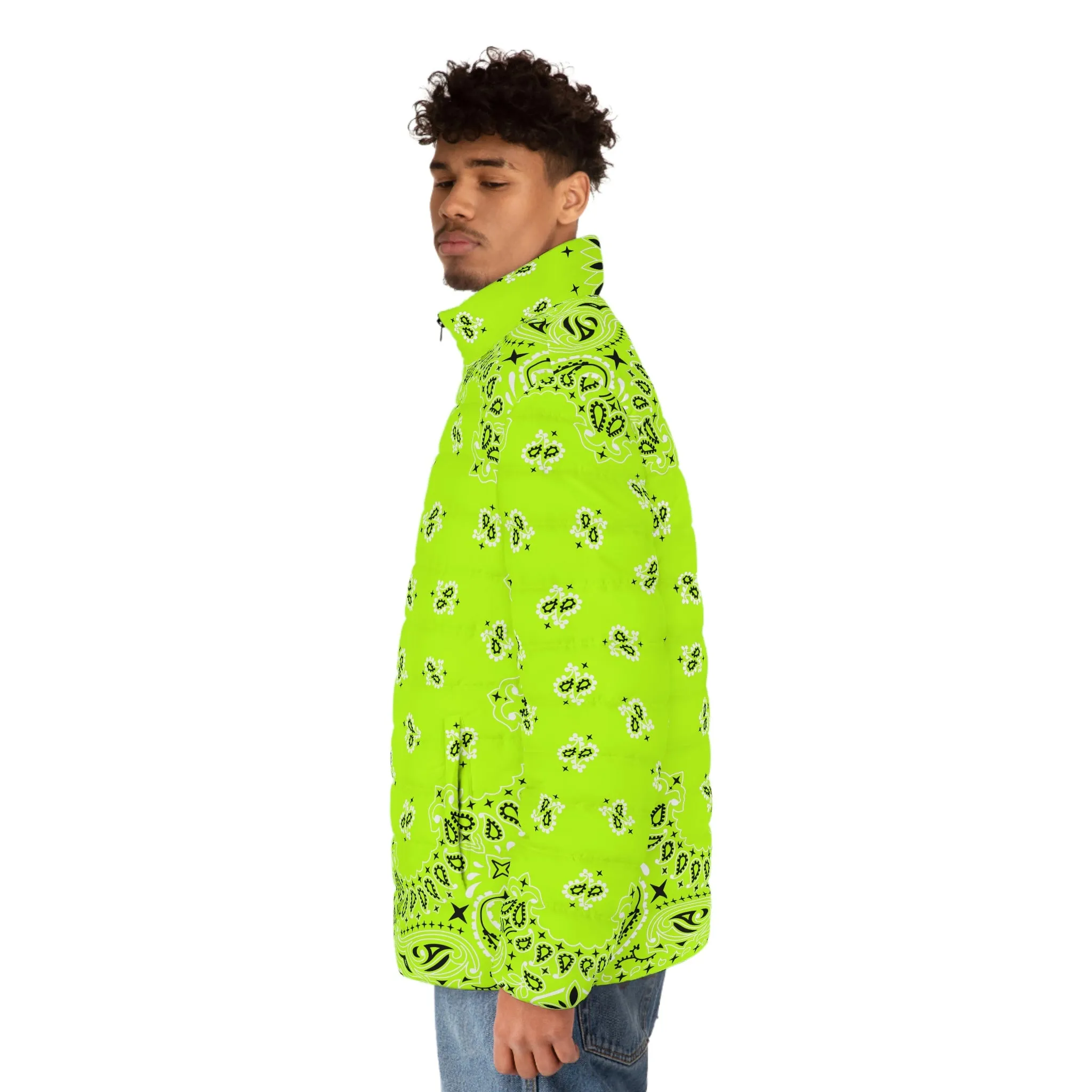 Neon Green Bandana Art Men's Puffer Jacket