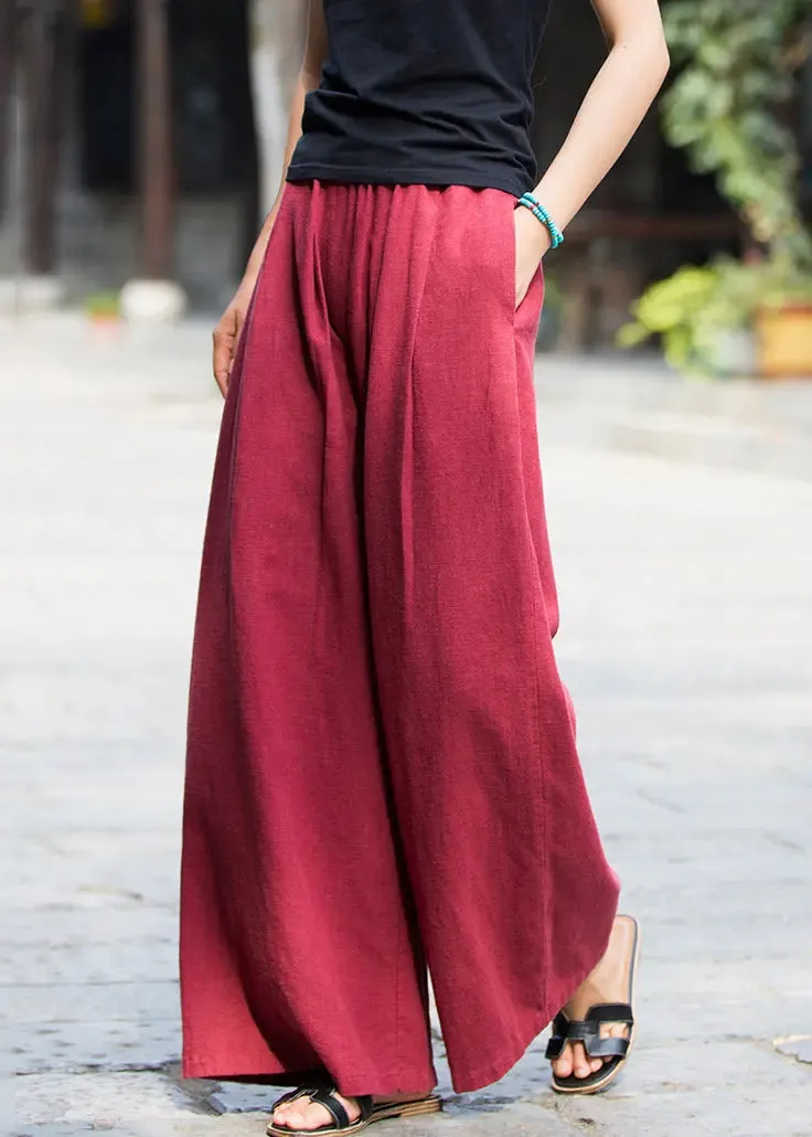 New Wine Red Pockets Elastic Waist Linen Pants Summer CG1055