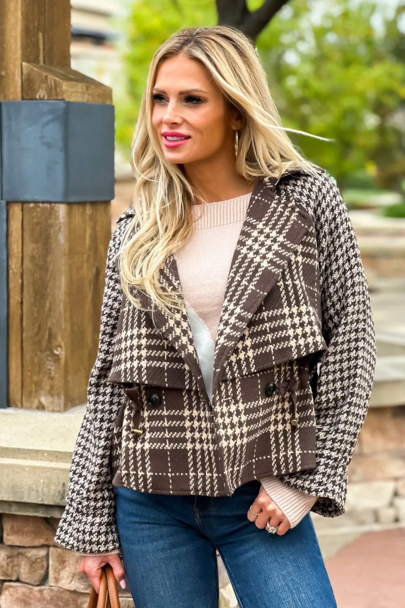 On The Hunt Drawstring Waist Houndstooth Jacket : Brown/Cream