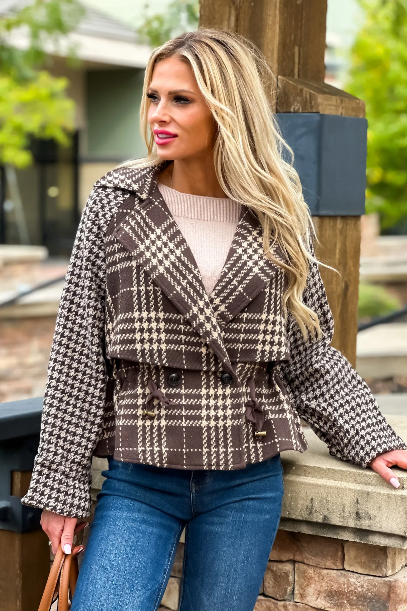 On The Hunt Drawstring Waist Houndstooth Jacket : Brown/Cream