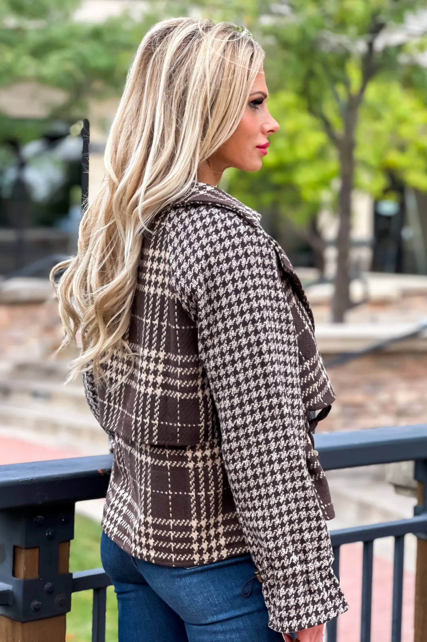 On The Hunt Drawstring Waist Houndstooth Jacket : Brown/Cream