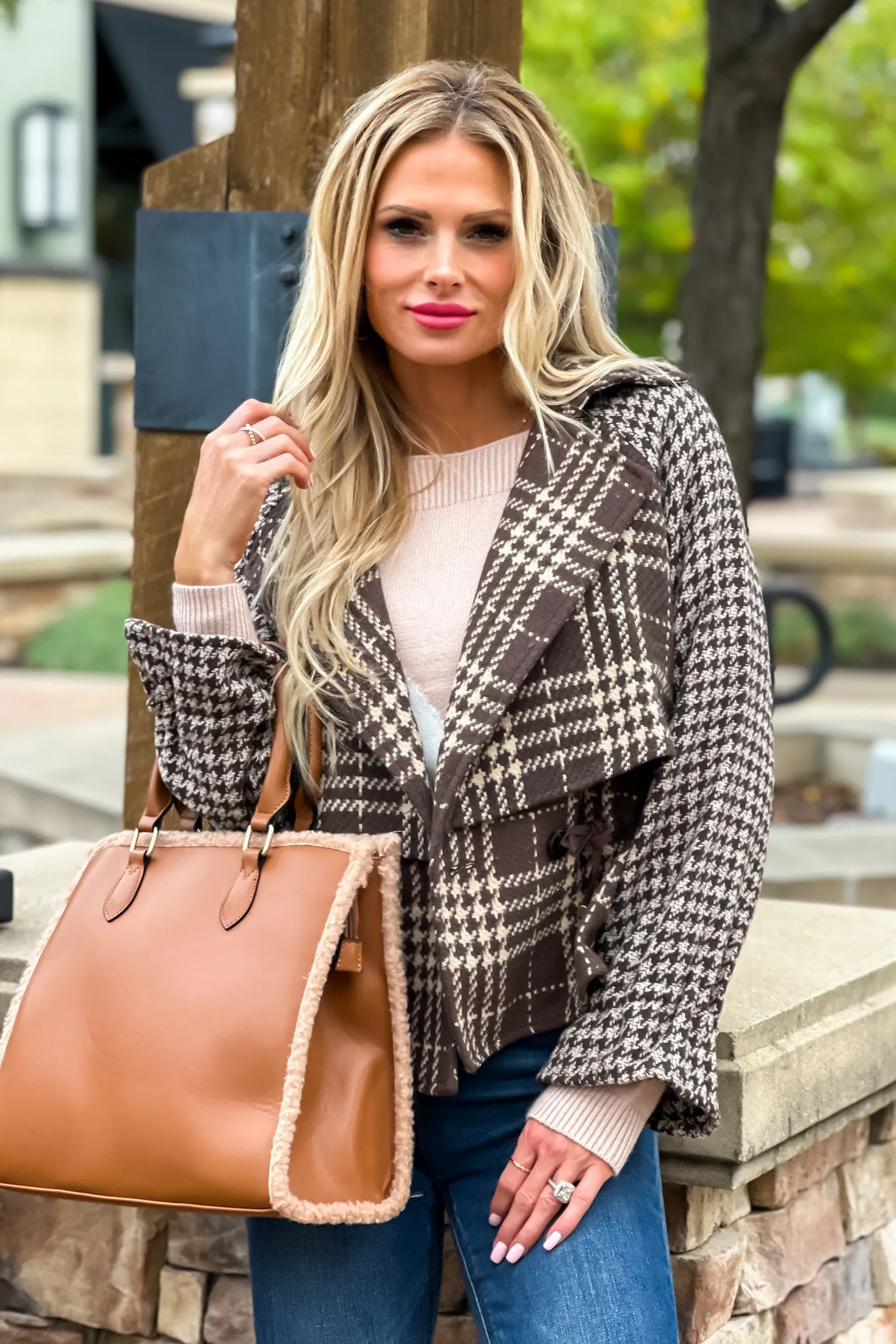 On The Hunt Drawstring Waist Houndstooth Jacket : Brown/Cream