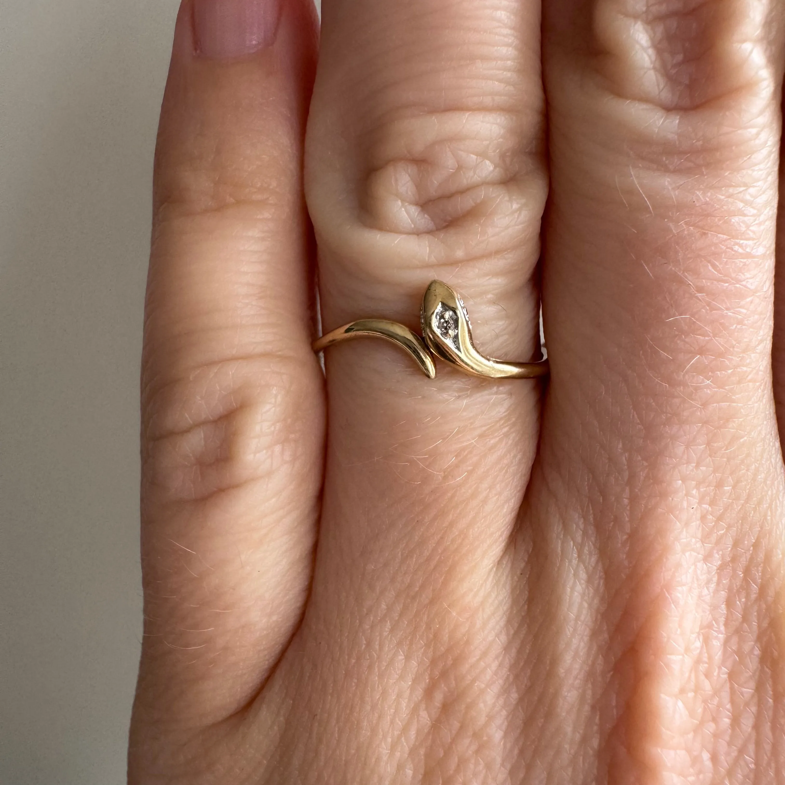 P R E - L O V E D // daintiest snake / 9k yellow gold and diamond curved snake band / size 5.25