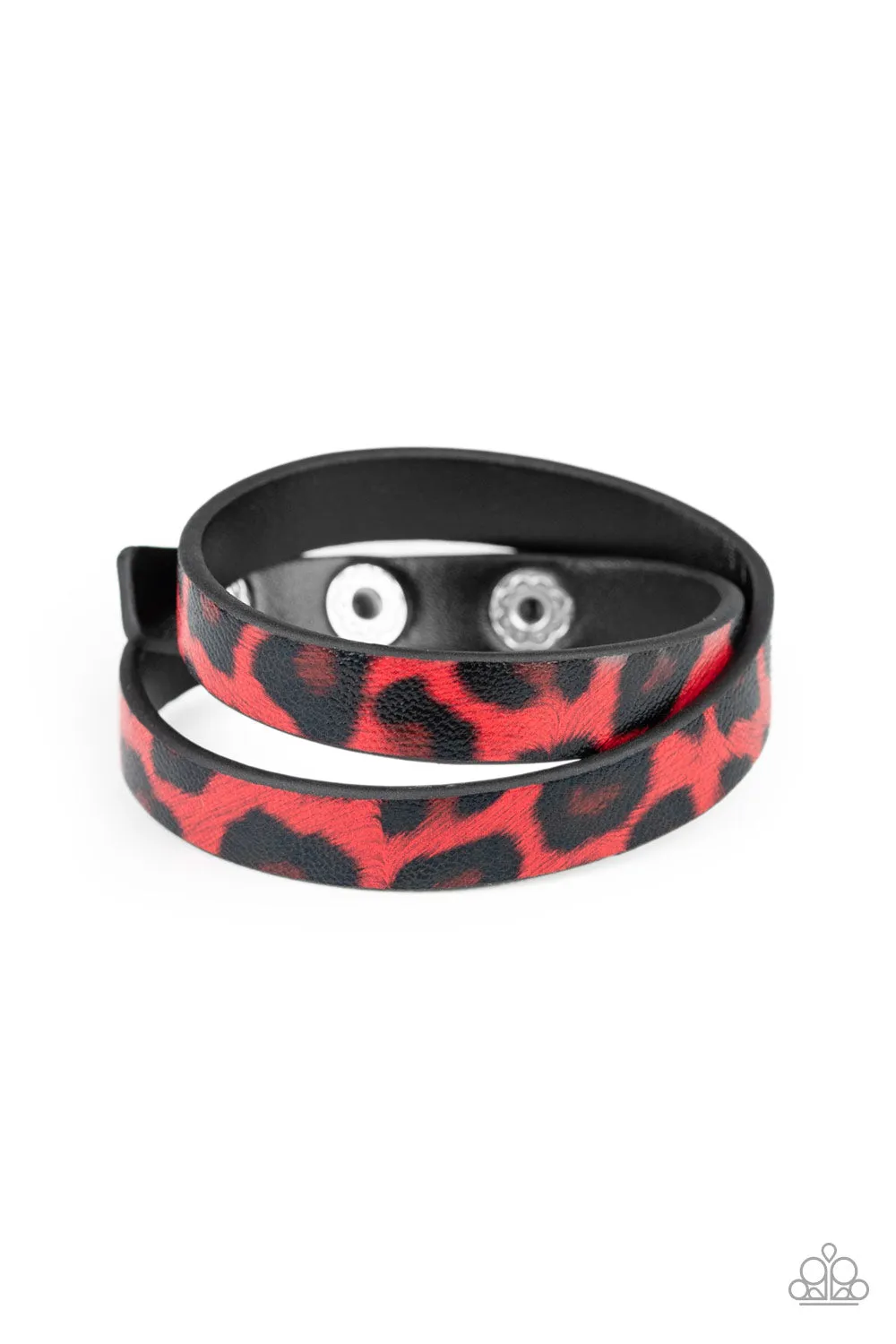 Paparazzi All GRRirl - Red and Black Cheetah pattern Leather Wrap Bracelet