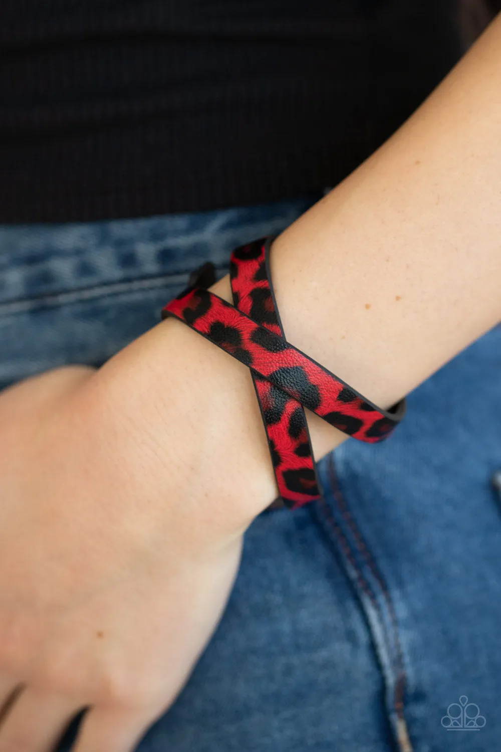 Paparazzi All GRRirl - Red and Black Cheetah pattern Leather Wrap Bracelet