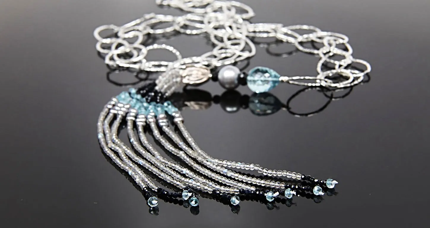 Pearl, Labradorite, Blue Topaz and Sapphires, and Silver Necklace