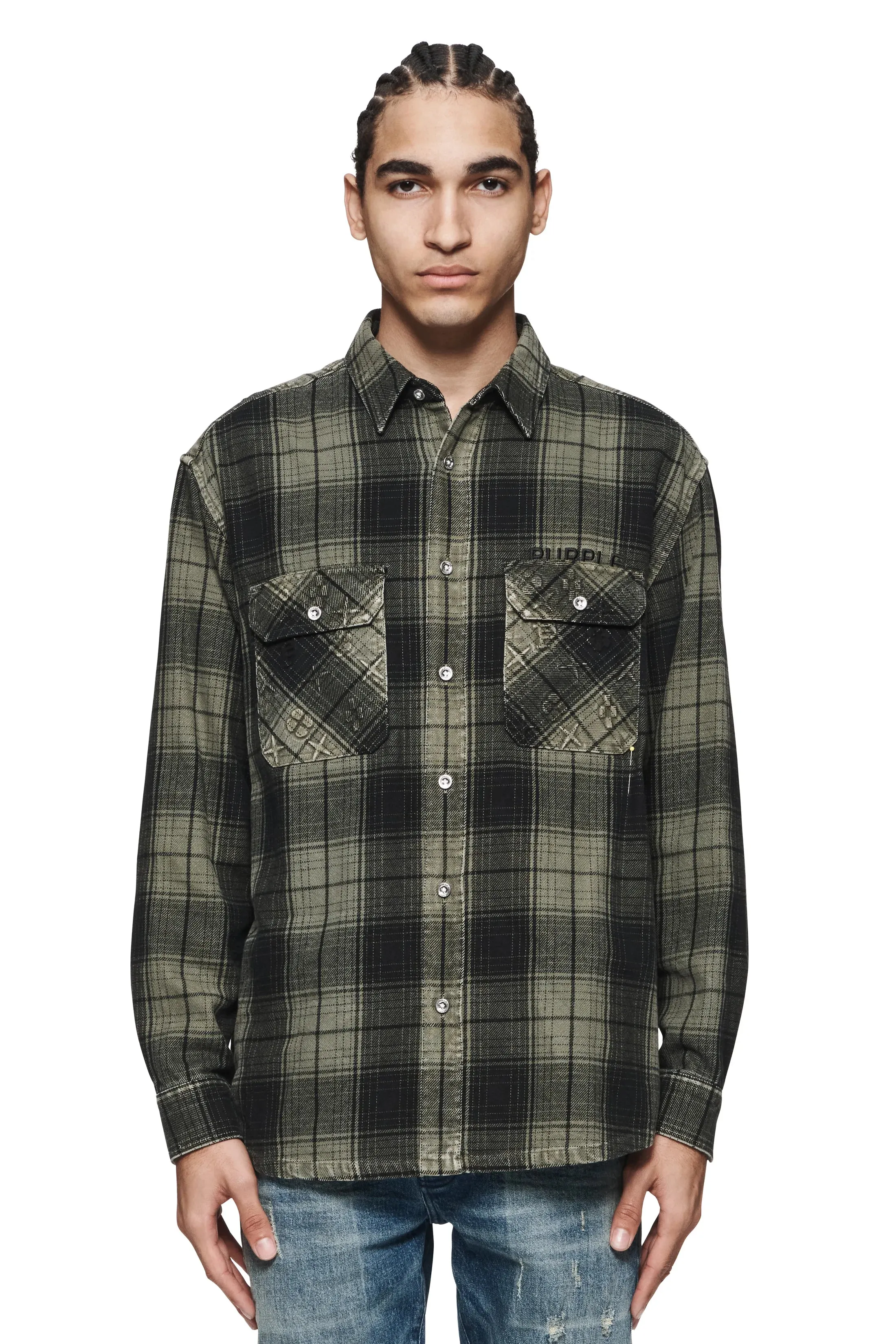 PURPLE BRAND Overdyed Flannel Long Sleeve Shirt