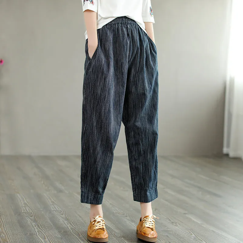 Retro Stripe Summer Women Cotton Linen Casual Pants